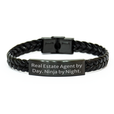 Real Estate Agent Gifts - Interlaced Leather Bracelet, Funny Quote, Father's Day Unique Gifts from Men to Real Estate Agent, Real Estate Agent By Day. Ninja By Night. - Image 1